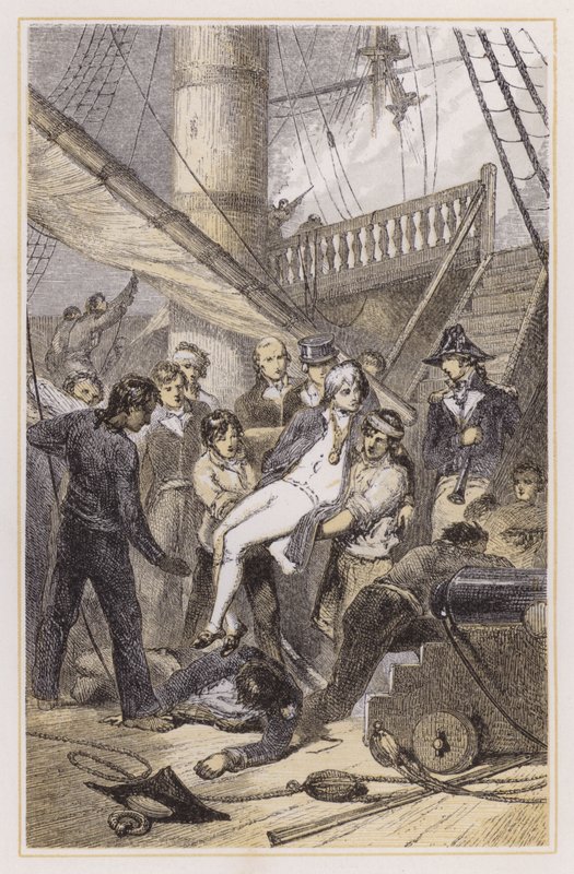 Nelsons død ved Trafalgar (farvet gravering) af Myles Birket (after) Foster