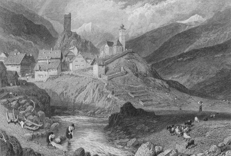 Hospenthal (gravering) af Myles Birket (after) Foster