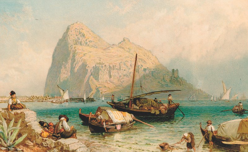 The Rock of Gibraltar, fra Algeciras (farve litho) af Myles Birket (after) Foster