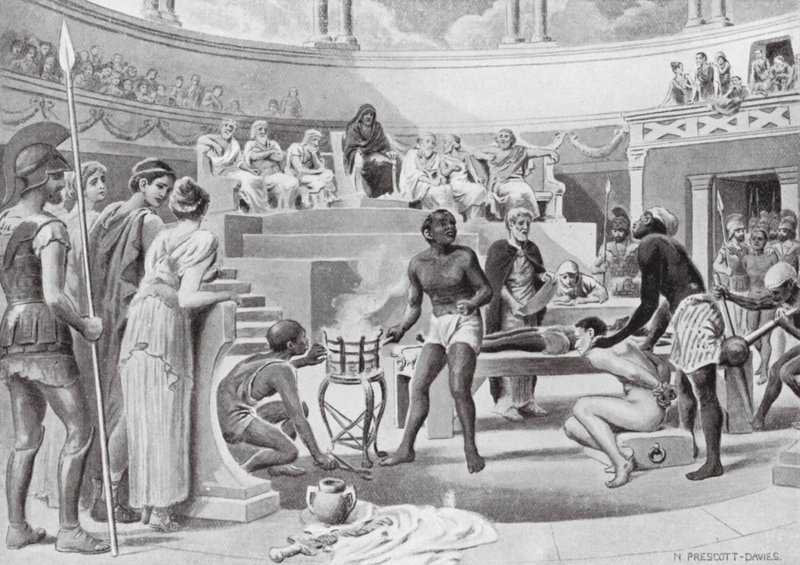 Slaver, der vidner under tortur (litho) af N. Prescott Davies