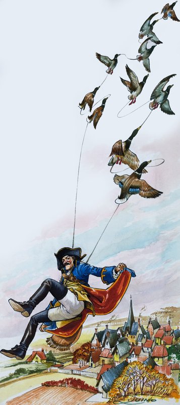 Baron Münchhausen bliver båret væk af ænder (gouache på papir) af Nadir Quinto