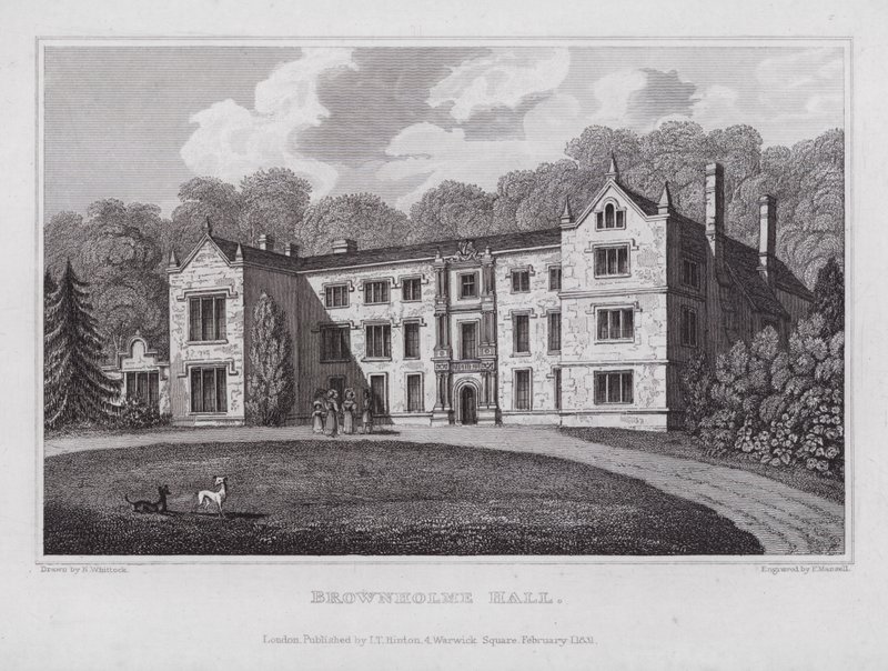 Brownholme Hall (gravering) af Nathaniel (after) Whittock