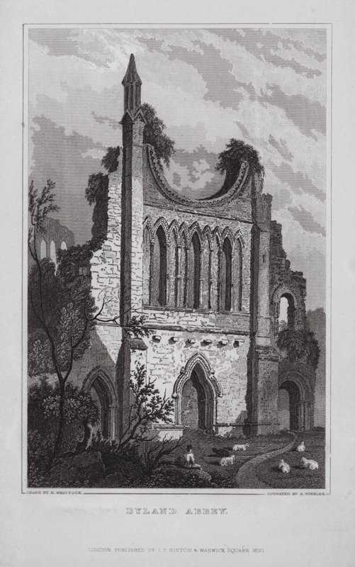Byland Abbey (gravering) af Nathaniel (after) Whittock