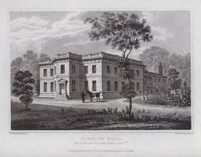 Farnley Hall, sæde for Walter Fawks (gravering) af Nathaniel (after) Whittock