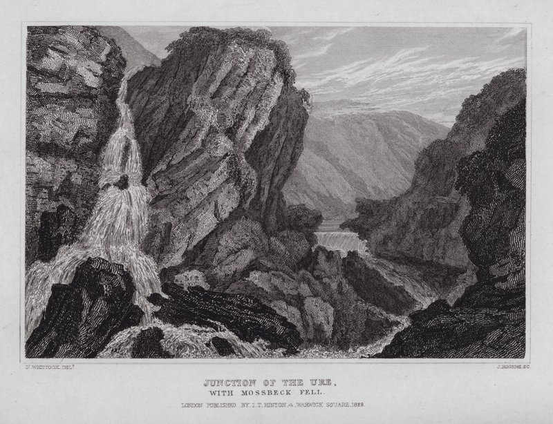 Junction of the Ure, med Mossbeck Fell (gravering) af Nathaniel (after) Whittock