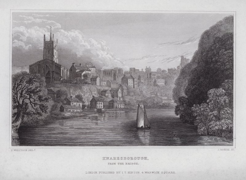Knaresborough, fra broen (gravering) af Nathaniel (after) Whittock