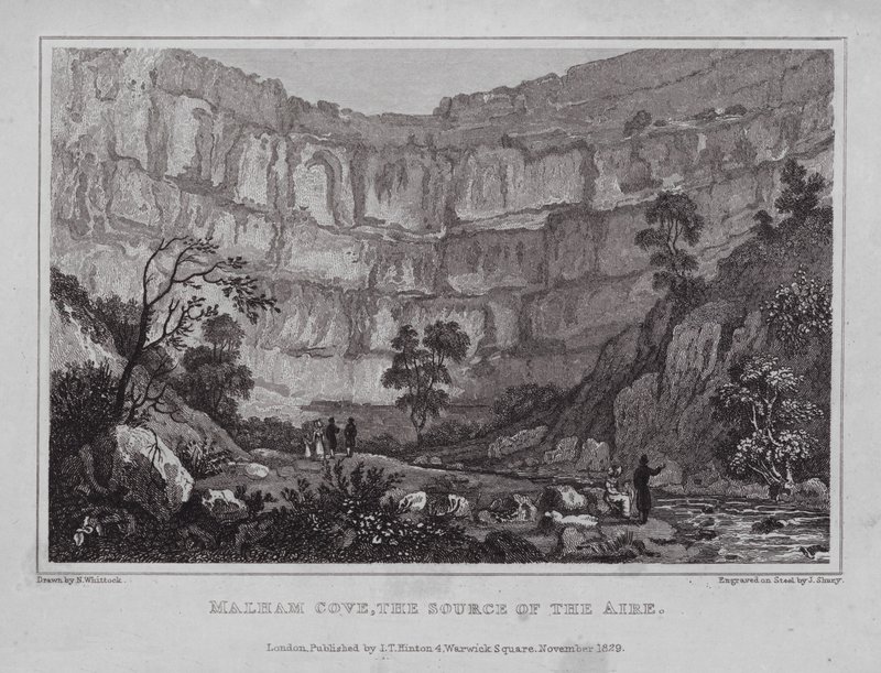 Malham Cove, kilden til Aire (gravering) af Nathaniel (after) Whittock