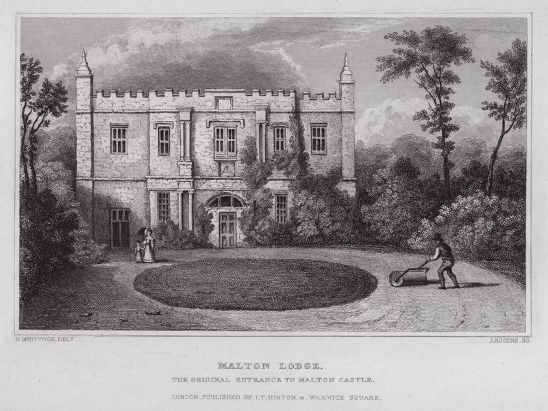Malton Lodge, den originale indgang til Malton Castle (gravering) af Nathaniel (after) Whittock