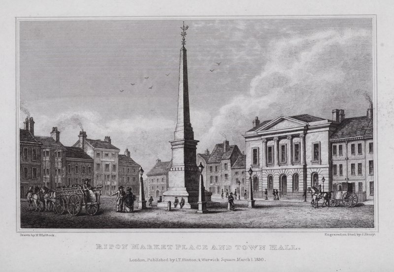 Ripon markedsplads og rådhus (gravering) af Nathaniel (after) Whittock