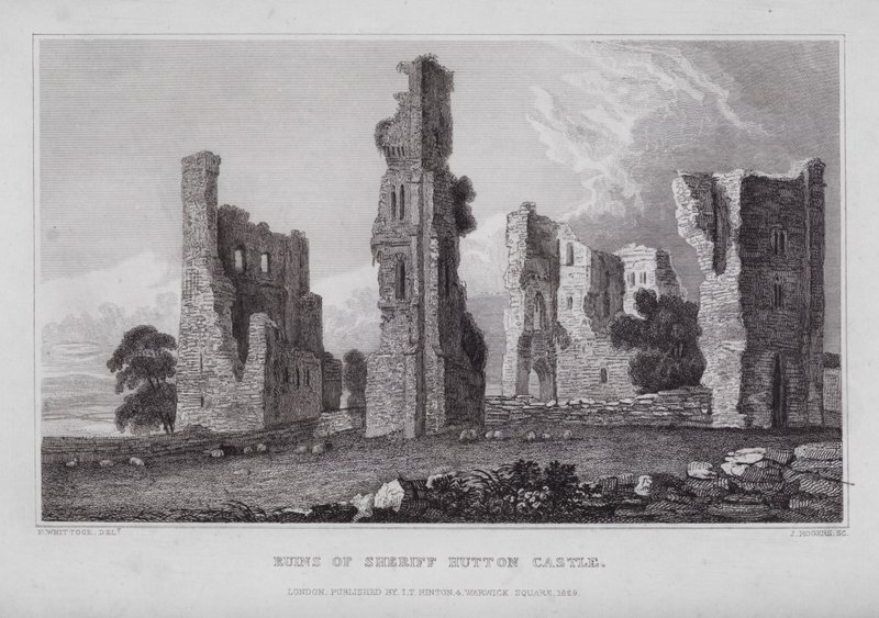 Ruinerne af Sheriff Hutton Castle (gravering) af Nathaniel (after) Whittock