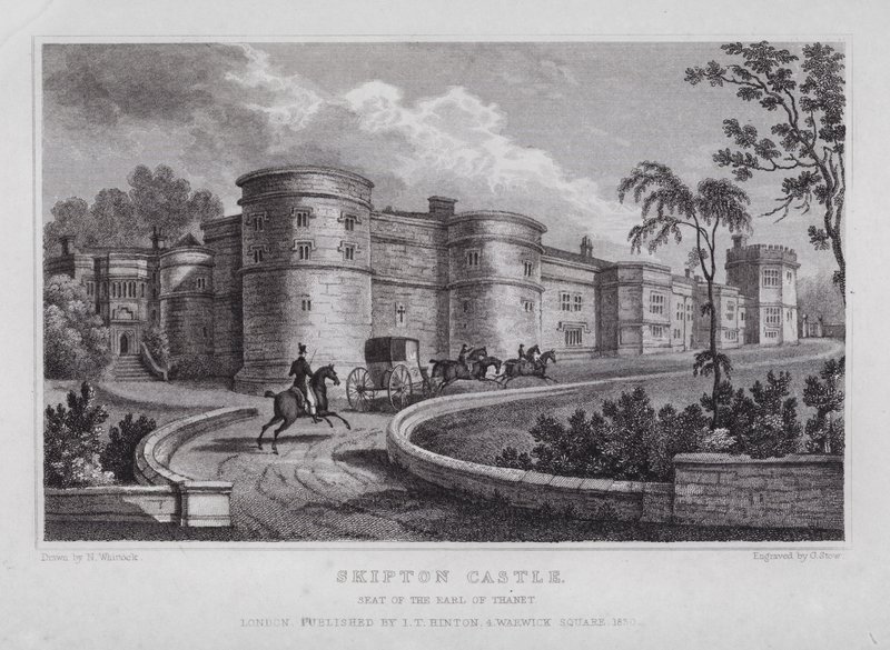 Skipton Castle, sæde for jarlen af Thanet (gravering) af Nathaniel (after) Whittock