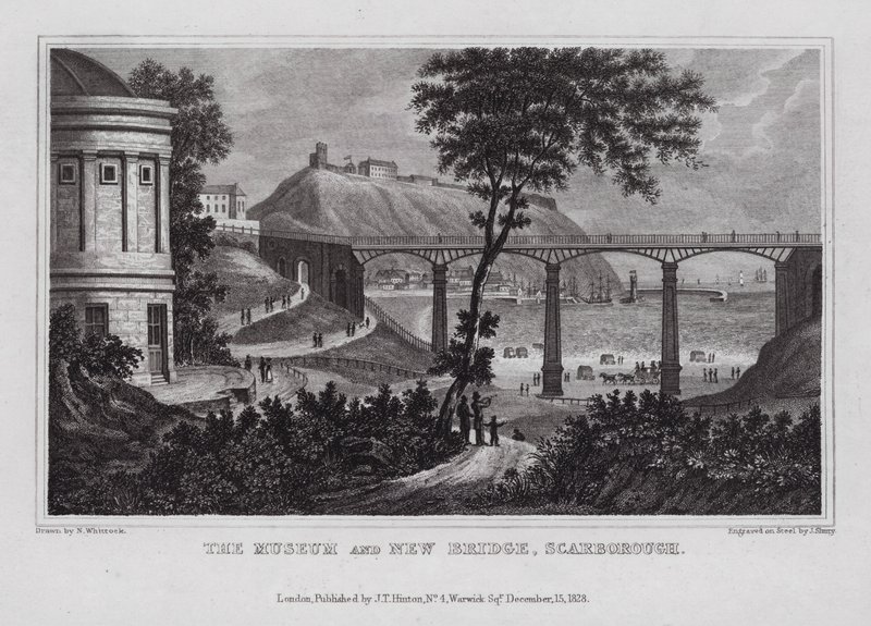 Museet og den nye bro, Scarborough (gravering) af Nathaniel (after) Whittock