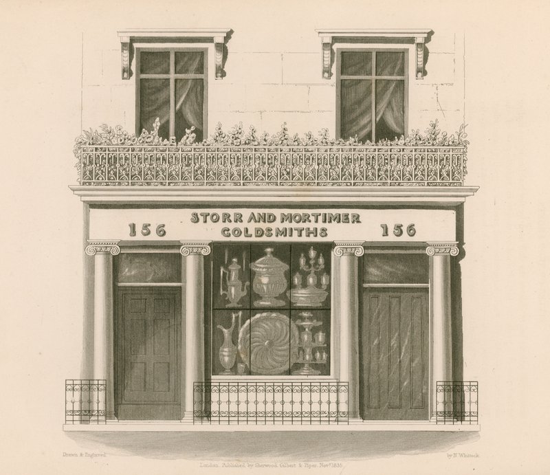 Butiksfacade i jonisk stil for Messrs Storr and Mortimer, guldsmede og guldsmede, nr. 156, Bond Street, London af Nathaniel Whittock