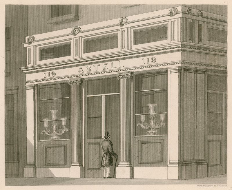 Butiksfacade til Astell, Wine and Spirit Warehouse, Grafton Street, Tottenham Court Road af Nathaniel Whittock