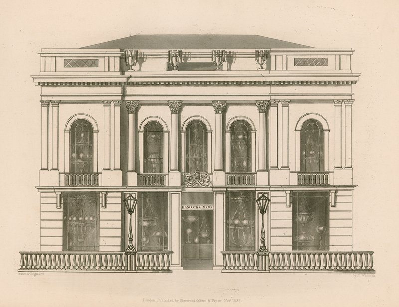 Butiksfront for Hancock og Dixon, Pall Mall East, London af Nathaniel Whittock