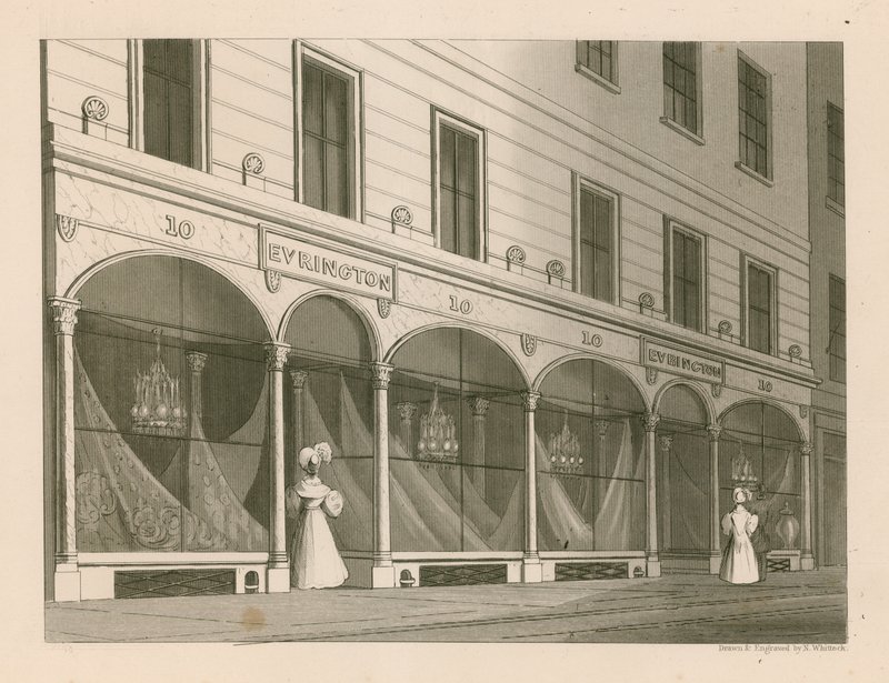 Butiksfront til Mrs Everington, Indien sjallager, 10 Ludgate Street, London af Nathaniel Whittock
