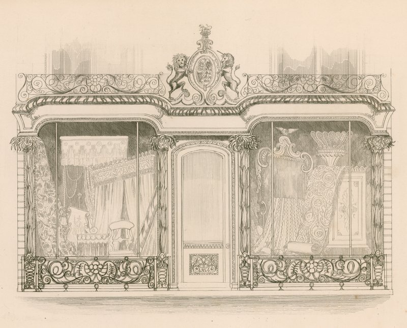 Butiksfront for Mrs Saunders og Woodley, Polsterere, Regent Street, London af Nathaniel Whittock