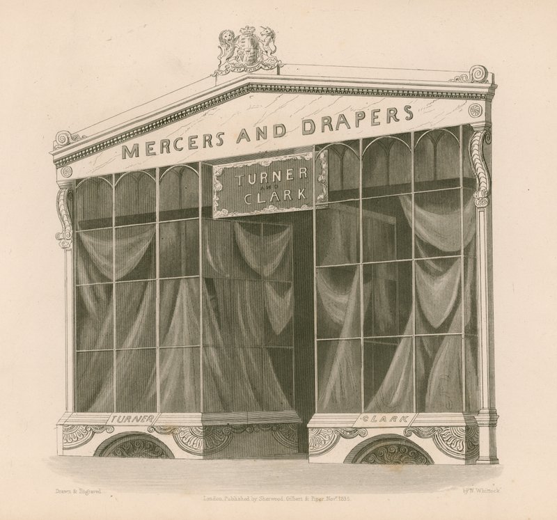 Butiksfront for Mrs Turner og Clark, Mercers and Drapers, Coventry Street, London af Nathaniel Whittock