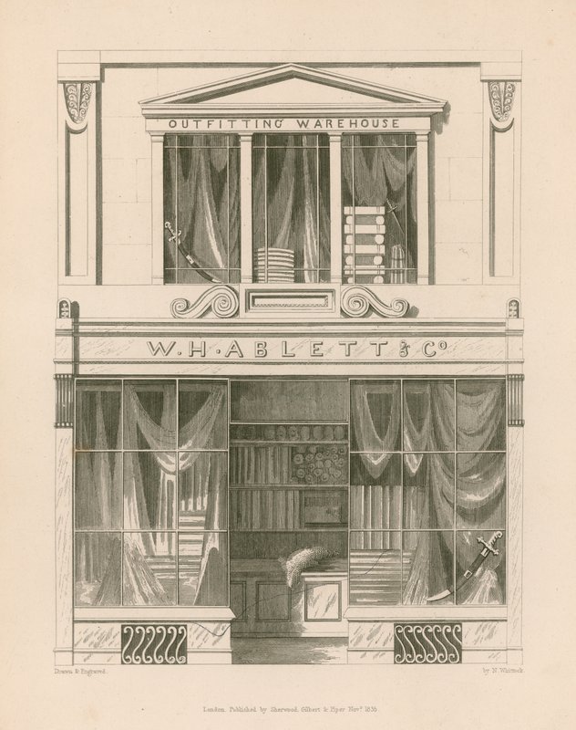 Butiksfront for W H Ablett, Outfitting Warehouse, Cornhill, London af Nathaniel Whittock