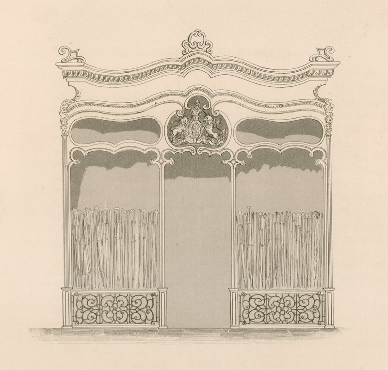 Butiksfront i fransk Louis XIV-stil for Mrs Sangster, Paraply and Stick Merchants, Regent Street, London af Nathaniel Whittock