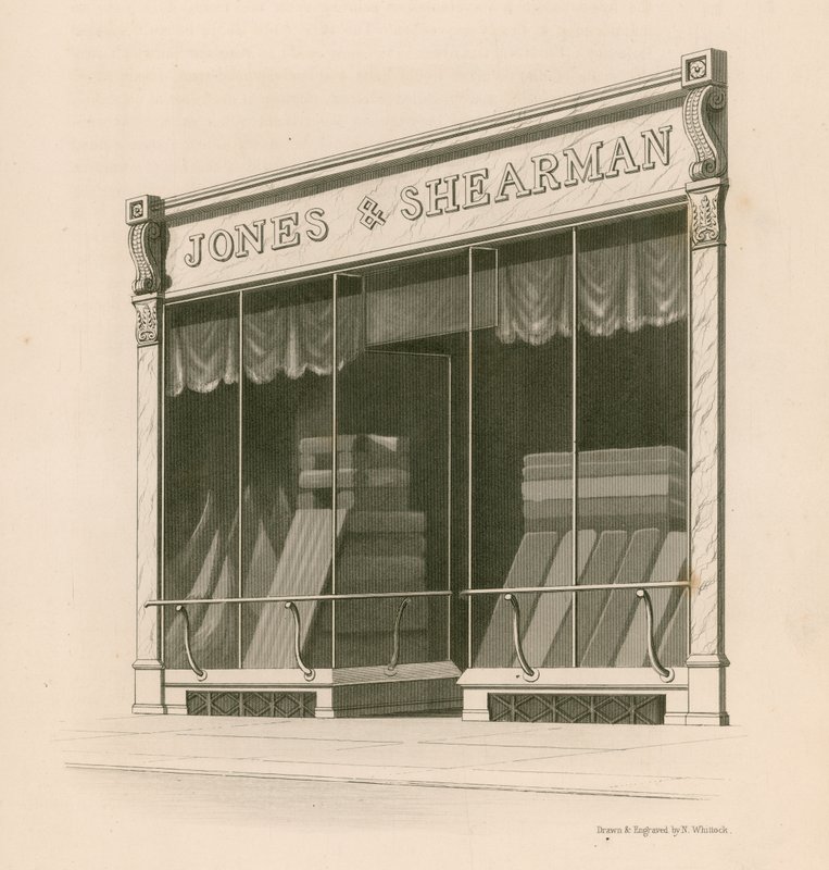 Butik foran Mrs Jones and Shearman, Blackfriars Road, London af Nathaniel Whittock