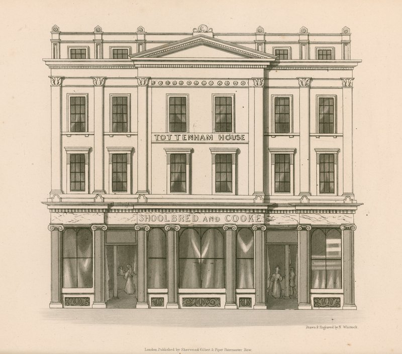 Butik foran Shoolbred and Cooke, Drapers, Tottenham Court Road, London af Nathaniel Whittock
