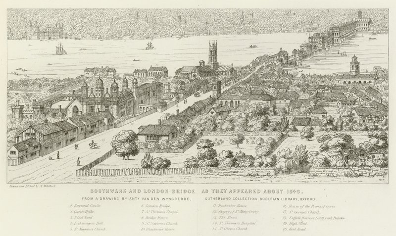 Southwark og London Bridge, som de så ud omkring 1546 af Nathaniel Whittock