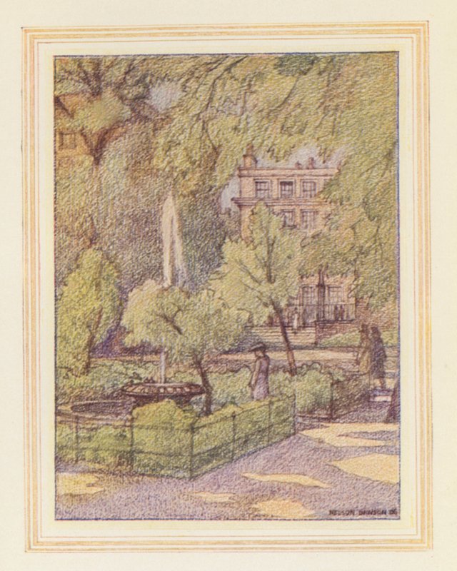 I Tempelhaven, Fountain Court (farvelitografi) af Nelson Dawson