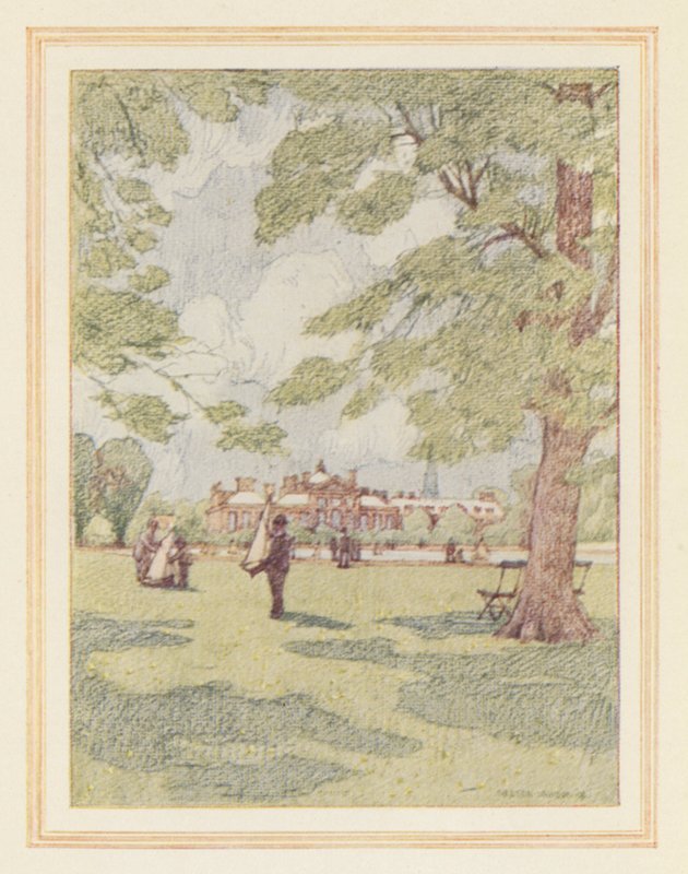 Kensington Palace fra haven (farvelitografi) af Nelson Dawson