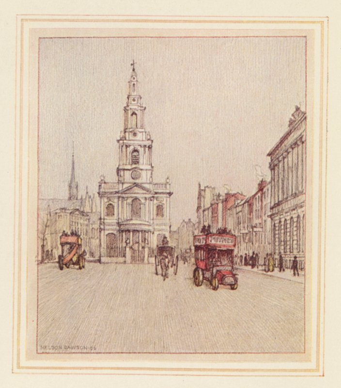 St Mary-le-Strand (farvelitografi) af Nelson Dawson