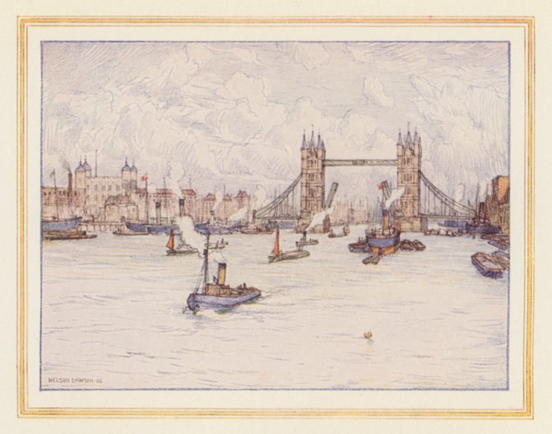 Tårnet og Tower Bridge (farvelitografi) af Nelson Dawson