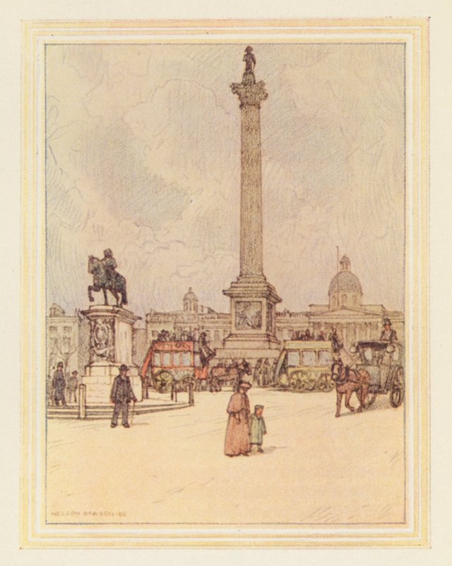 Trafalgar Square (farvelitografi) af Nelson Dawson