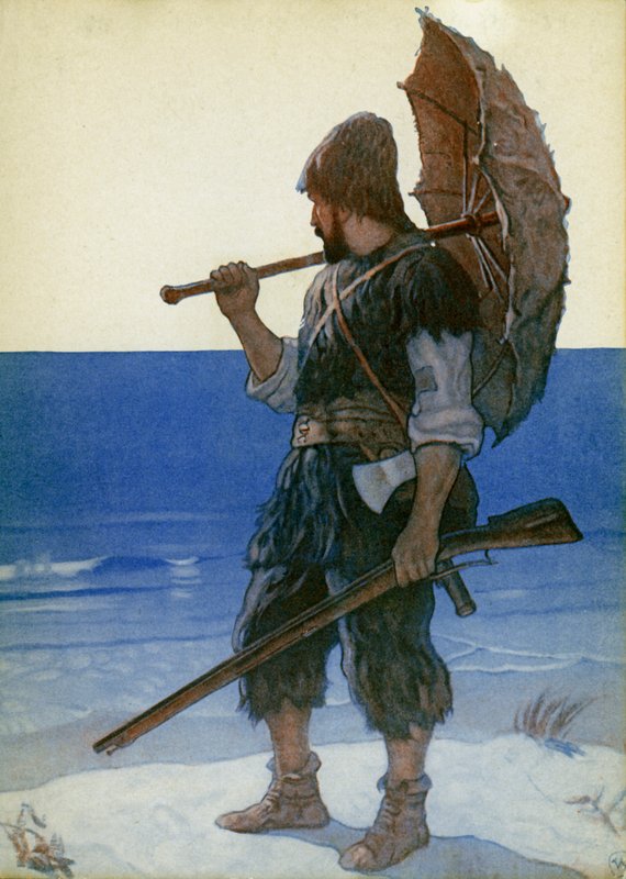 Illustration til Robinson Crusoe (farve litho) af Newell Convers (after) Wyeth
