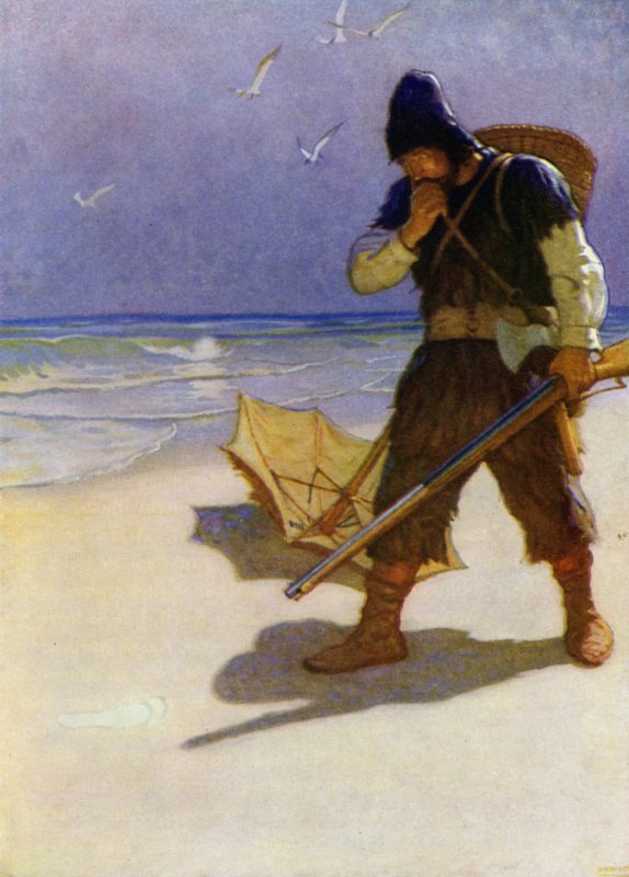 Illustration til Robinson Crusoe (farve litho) af Newell Convers (after) Wyeth