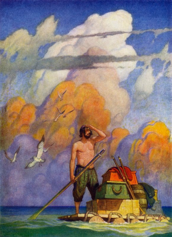 Illustration til Robinson Crusoe (farve litho) af Newell Convers (after) Wyeth
