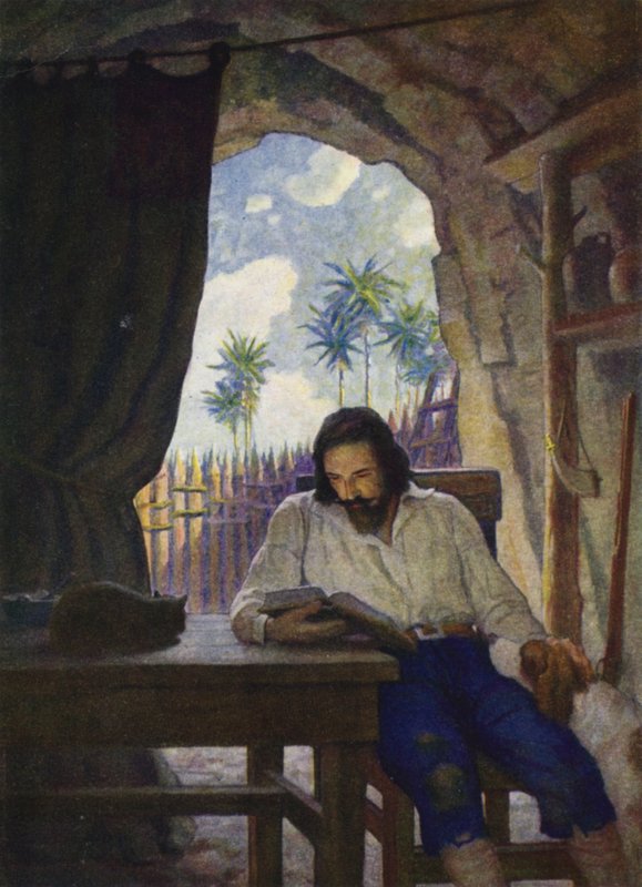 Illustration til Robinson Crusoe (farve litho) af Newell Convers (after) Wyeth