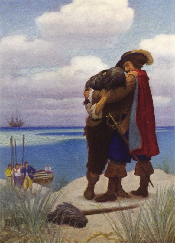 Illustration til Robinson Crusoe (farve litho) af Newell Convers (after) Wyeth