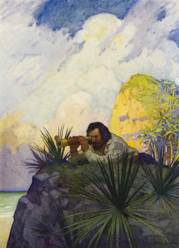 Illustration til Robinson Crusoe (farve litho) af Newell Convers (after) Wyeth