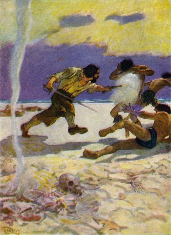 Illustration til Robinson Crusoe (farve litho) af Newell Convers (after) Wyeth