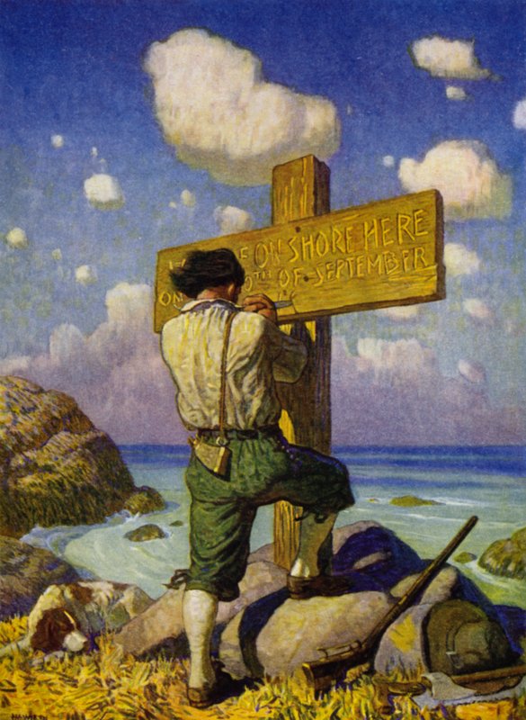 Illustration til Robinson Crusoe (farve litho) af Newell Convers (after) Wyeth