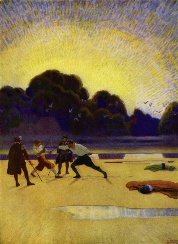 Illustration til Westward Ho! af Charles Kingsley (farve litho) af Newell Convers (after) Wyeth