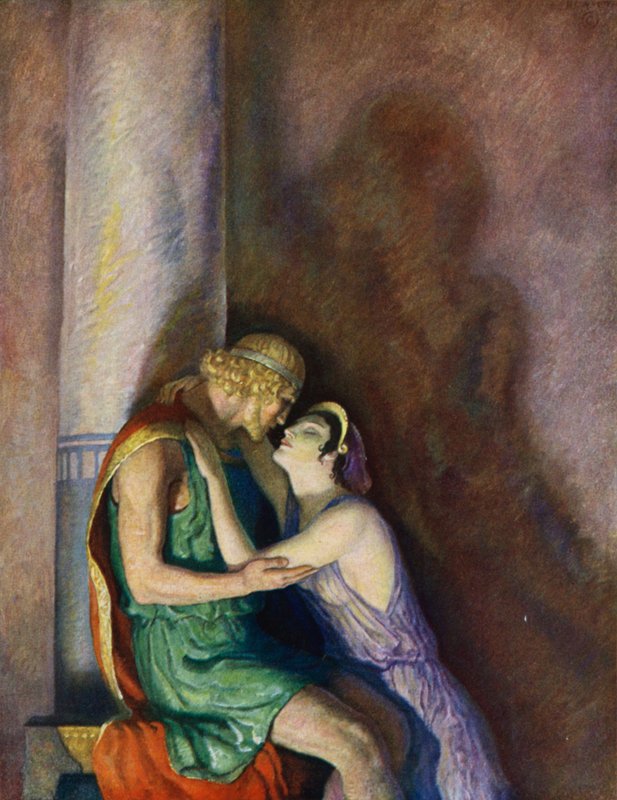 Odysseen: Odysseus og Penelope genforenet (farvelitografi) af Newell Convers (after) Wyeth
