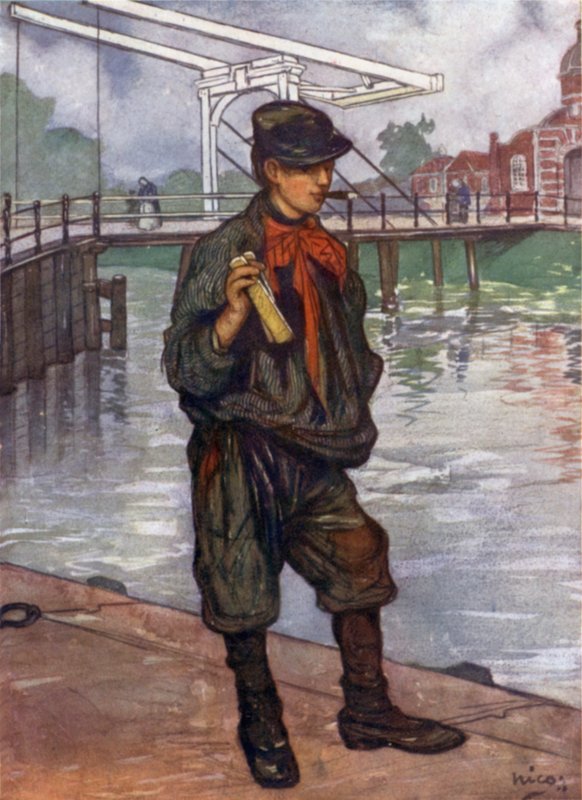 En Amsterdam Street Boy med klapper (farve litho) af Nico Jungman