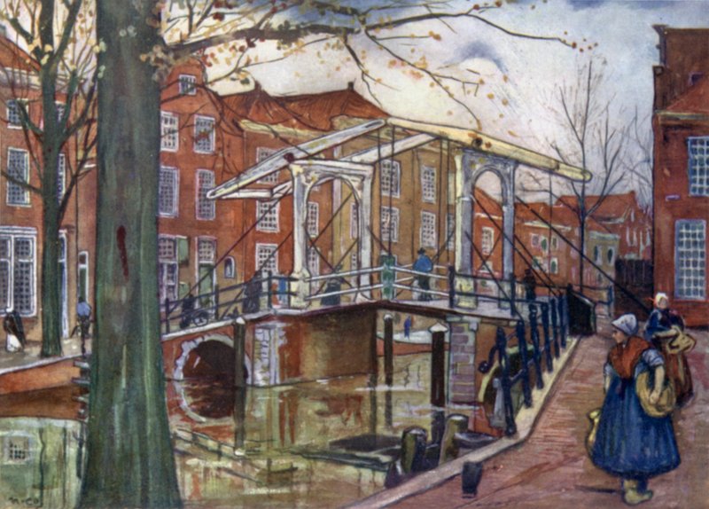 Den Gamle Rhin, Leiden (farve litho) af Nico Jungman