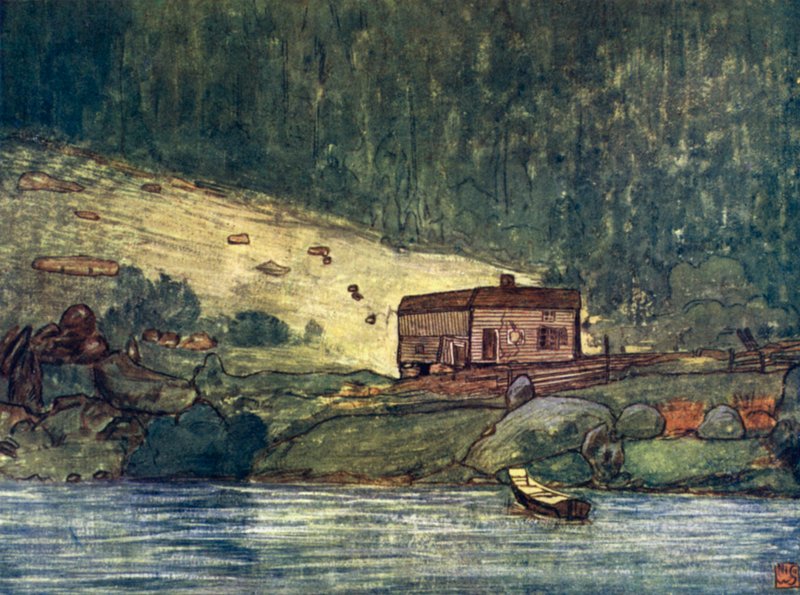 Norge: En lille gård ved flodbredden ved Gjora (farve litho) af Nico Jungman