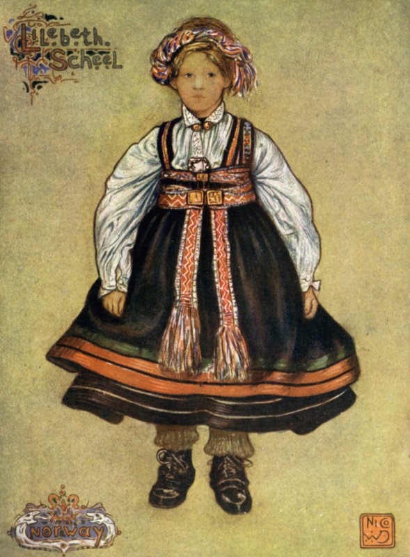 Norge: En lille Saetersdalen Bondepige (farve litho) af Nico Jungman