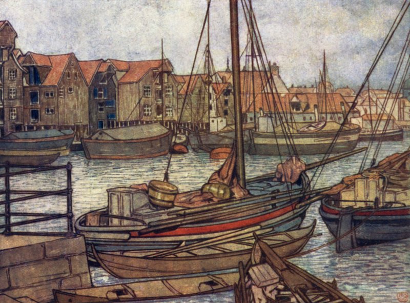 Norge: Bergens både og varehuse (farve litho) af Nico Jungman