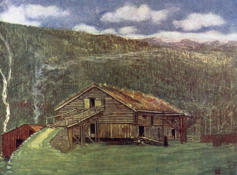 Norge: Bondegård og mølle ved Gjora (farve litho) af Nico Jungman