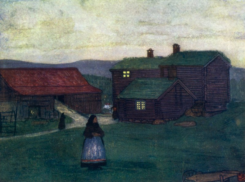 Norge: Bondegårde bygget af polakker (farve litho) af Nico Jungman