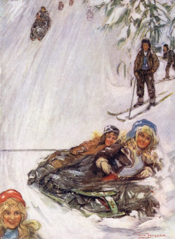 Norge: Piger på væltet slæde, Holmencollen (farve litho) af Nico Jungman